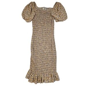 Julia Floral Smocked Midi Dress‎ XL Yellow Blue Puff Sleeve Ruffle Hem Bodycon